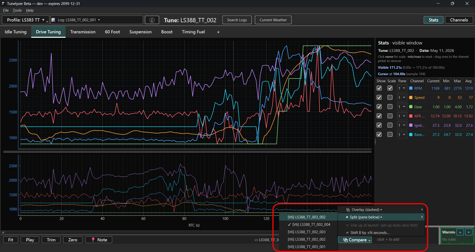 Tunelyzer comparing two runs with overlay showing before-and-after tune change