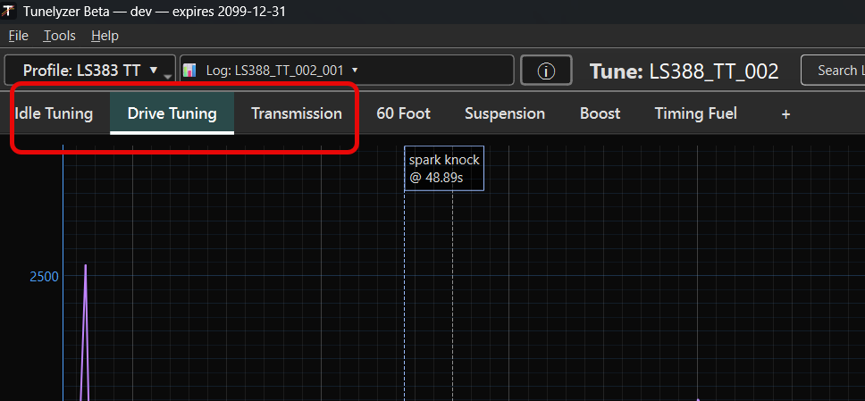 Tunelyzer plot tabs strip showing 60 Foot, Suspension, Boost, Fueling, and Retards tabs
